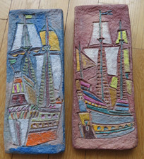 Les Argonautes pièce unique Vallauris 2 Plaques Murales bateau rouge bleu  bois