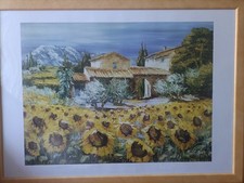 Vintage Oil painting of a field of sunflowers in the countryside and snow 
