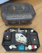 boite à couture bois doré laqué Chine Canton et nécessaire en os Napoléon 3 19e