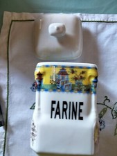 3 Anciens pots à épices blanc motif jaune "farine, pâte et thé" excellent état.