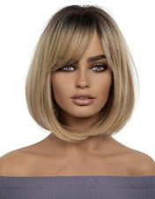 Perruque Synthétique Courte Blonde Doré Foncé Wig Avec Frange Femme +4 Bonnet