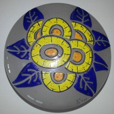 ANCIENNE BONBONNIERE ART DECO VERRE EMAILLE DECOR FLORAL SIGNE FANUS