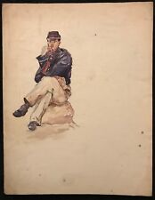 SOLDAT ASSIS SUR UN ROCHER AQUARELLE ET CRAYON ANONYME