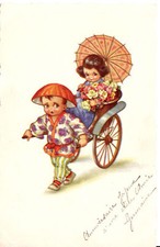 CPA Illustrée - Enfants Asiatiques, Pousse-Pousse