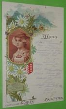 MENU 1908 ART NOUVEAU CHOCOLAT KOHLER PETER GALA COSTUME SUISSE CANTON VALAIS