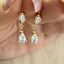 Boucles D’oreille En Or 750/1000 18 Carats Aigue Marine Bleu Vert 1,60 grammes