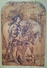 Ancien TABLEAU  Pyrogravure sur panneau SIGNEE  A. CLEMENT graveur POITIERS XIXe