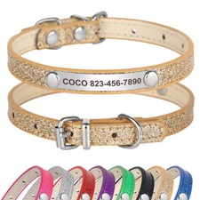 Collier en cuir pour petit chien chat avec Strass brillant personnalisé et nom 