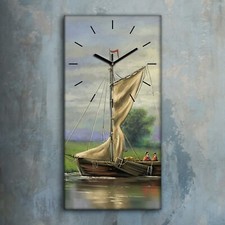 Horloge murale sur toile 30x60 Tableau peinture eau bateau voiles moulin à vent