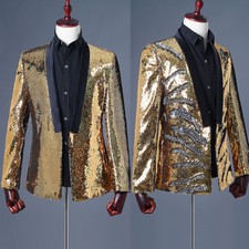 Hommes Robe Costume Réversible Bicolore Paillettes Veste Blazer