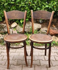 Ancienne Paire de Chaises FISCHEL Bistrot Café Bois Courbé Pyrogravé Circa 1900