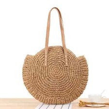 Sac de Plage Rond Paille Tressé Femme Voyage été Tendance Marron 40 x41 cm