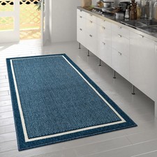 Tapis À Poils Ras Intérieur & Extérieur Aspect 3D Bordure Uni Look Naturel Bleu
