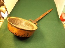 RARE OLD PRIMITIVE ANTIQUE COPPER & CAST IRON FIREPLACE MANTLE "SKILLET" or PAN