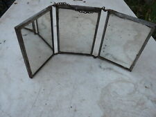 Ancien miroir triptyque barbier coiffeur décor floral avec chainette