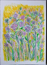 Tableau Peinture Fleurs bouquet rose mauve jaune Ed déco 21x30cm/feuille signée