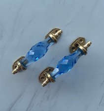 Ancienne décoration de tiroir de porte en verre bleu et laiton fait main...