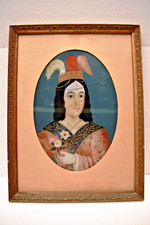 Ancien Chinois Marche Arrière Verre Peinture 19th Siècle Femme Avec Rose En Orné