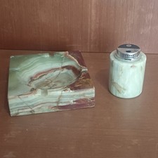 Ensemble Briquet De Table Et Cendrier Carré En Onyx Vert, Marbrage Marron