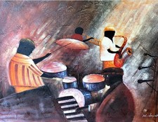Africain Américain Jazz Musique Art Huile Peinture Guitare Piano Saxophone M