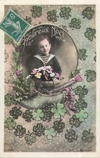 CP HEUREUX NOEL ENFANT PANIER FLEURS DANS SABOT TREFLES ILLUSTRES - 55931