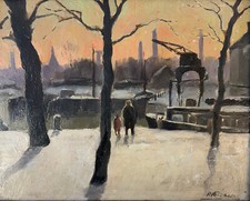 Paysage d'aube avec péniches -HSC signée Piet VOLCKAERT (1901-1973)-Bruxelles