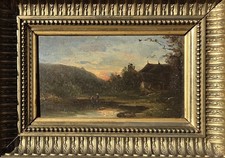 Tableau ancien . Paysage Rural au Bord de L'eau. Peinture huile sur panneau bois