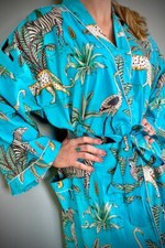 Robe En Coton Longue Kimono De Nuit Indienne Turquoise Forêt