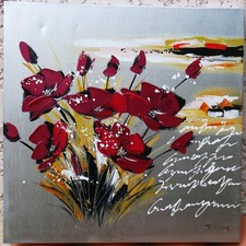 grand tableau décoratif signé Flora: fleurs rouges