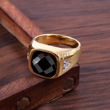 Bague Pour Homme En Argent Sterling 925 Plaqué Or En Onyx Noir Naturel #5494