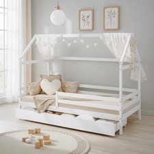 Lit D'Enfant 90x200 Blanc Lit Cabane Tiroir Barriere en Bois Lattes Homestyle4u