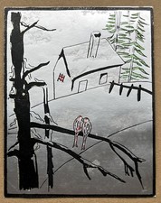 Petite Gravure Pochoir Art Déco Argent Paysage Hiver Arbre Sapin Maison Oiseaux