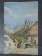 Aquarelle signe Chevallier scène de rue animée village Corse ou Italie 19ème