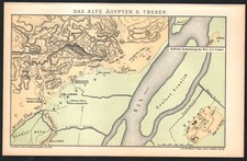 1897 Lithographie originale Carte plan Ancienne Égypte Thèbes