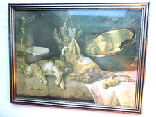 Lithographie signée Brunel de Neuville: Retours de chasse, gibiers, Lièvres