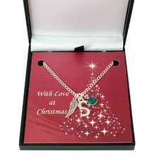 Collier Avec Lettre, Aile Et Pierre de Naissance Breloque En Noël Cadeau Boîte