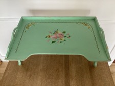 ANCIEN PLATEAU DE LIT BOIS PEINT DÉCOR FLEURS