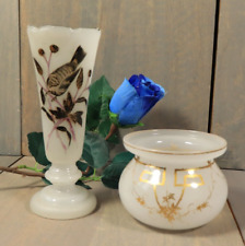 Ancien Lot de 2 Vase en Verre de Opaline Émaillé Doré Église Baccarat Peint Main