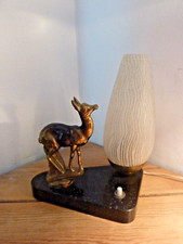Lampe Veilleuse Art Déco Biche en Régule Doré Signée Tedd sur Socle en Marbre