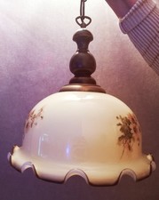 Ancien Lustre - suspension - Abat-jour en verre décor fleuri