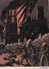 Dessin Ancien Scène D’incendie 1936 Aquarelle Original Antique Drawing