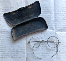 Pair Vintage French Round Steel Glasses Eyeglasses Bendy Arms + Case c1930s