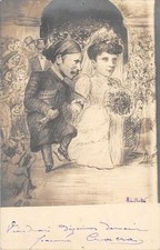 CPA ILLUSTRATEUR MAURESQUE SIGNE FIGURANT UNE SCENE DE MARIAGE (ARABE AVEC EUROP