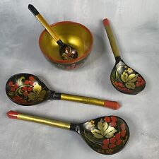 3 cuillères + 1 bol & cuillère en bois peint laqué russe décor fruits Khokhloma