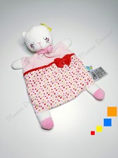 Doudou Plat Chat Blanc Rose Clair Noeud Vert Fleurs Rouge Mots D'enfants Leclerc