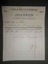 facture ancienne Charcuterie Joannon Chevinay 1899