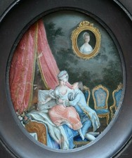 Tableau scène galante libertine 18ème, peinture fixé sous verre époque Louis XVI