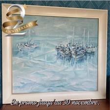 Tableau marine signé, huile sur toile ancienne, cadre en bois et baguette dorée.