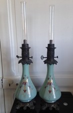 Ancienne paire de lampes à pétroles en opaline verte XIXéme Napoléon III