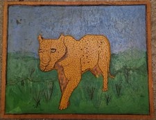 Curieux Tableau Animalier Sculpté En Bois Savane Panthère Guepard
